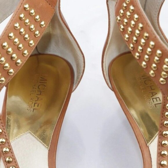 Michael Kors Women's Celena Sandal Size 7 Low Wedge Studded Ankle Strap Cognac - Picture 7 of 9